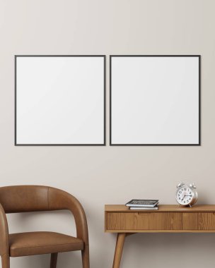 Masanın üstündeki bir duvarda iki tane siyah kare fotoğraf çerçevesi. Kahverengi bir sandalye ve bir saat. Çağdaş tasarım için mükemmel..