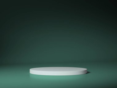 Koyu yeşil bir ortamda basit bir beyaz podyum. Minimalist zarafet ve dramatik ışıklandırmayla eşyaları sergilemek için ideal..