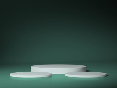 Yeşil zemin üzerine kurulmuş beyaz podyum üçlüsü, modern ekran düzenlemeleri için ideal..