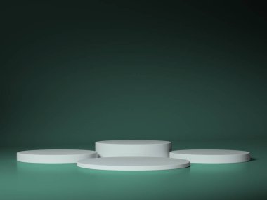 Koyu yeşil bir zemin üzerinde beyaz dairesel podyumlar içeren minimalist bir kurulum, zarif gösteriler için mükemmel.