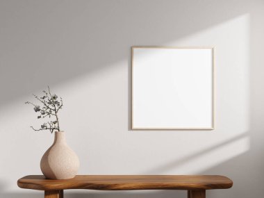 Unique poster frame mockup with two black frames stacked, ideal for showcasing multiple artworks with a decorative vase.