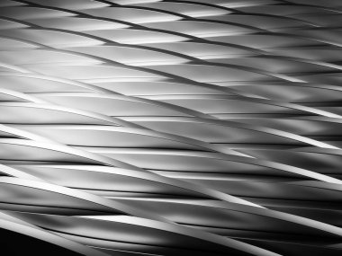 Pürüzsüz kıvrımları olan soyut gümüş dalgalı yüzey, parlak metalik bir arkaplan dokusu oluşturuyor.