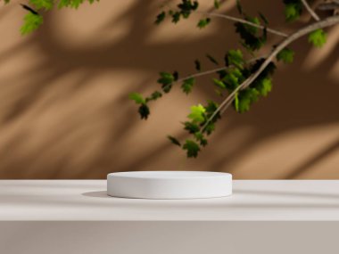 Yumuşak bej bir arka planda, parlak yeşil akçaağaç dallarından oluşan temiz, minimalist bir podyum, yumuşak bir gölge bırakıyor..