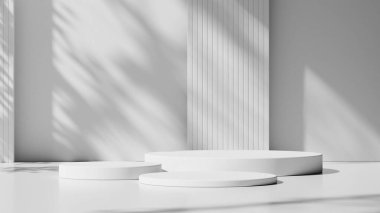 Dinamik gölgeleri olan temiz, parlak beyaz podyumlar. Minimalist bir alanda modern ürünleri sergilemek için mükemmel..