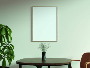 Yumuşak yeşil bir duvara asılı ahşap bir çerçeve ile şık ve doğal bir iç mekan. Özel sanat eserleri sergilemek için alana sıcaklık katıyor..