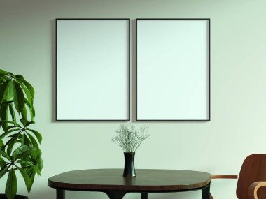 Duvarında ahşap bir çerçeve asılı zarif bir iç mekan, özel sanat veya fotoğrafçılık sergilemek için şık bir zemin sunuyor..