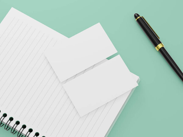 Две визитные карточки на плоском фоне с черной ручкой и спиральным блокнотом, отлично подходят для дизайна визитных карточек..