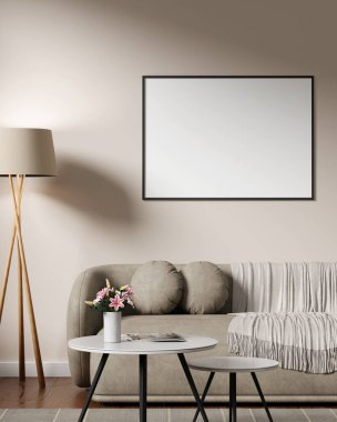 Yatay siyah çerçeve poster modeli modern gri kanepenin üstünde rahat bir odada..