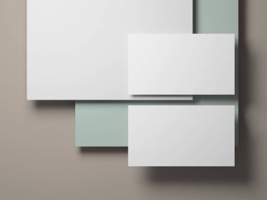 Yumuşak pastel, yeşil ve beyaz katmanlı temiz ve minimal kartvizit modeli. Zarif marka tasarımlarını sergilemek için mükemmel..