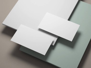 Modern ve minimalist bir tasarım içeren beyaz ve pastel katmanlara yerleştirilmiş şık bir kartvizit..