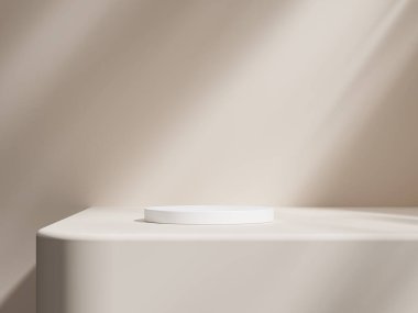 Beyaz yuvarlak tabanlı minimalist podyum ve açık bej duvar üzerine dökülen yumuşak ağaç gölgesi.