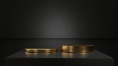 İki altın podyum yan yana parlak siyah bir yüzey üzerinde.