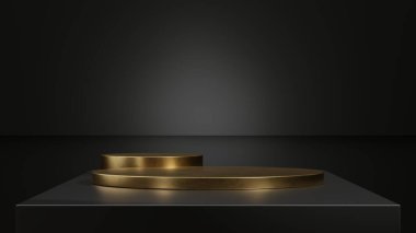 Karanlık bir masanın üzerine yumuşak gölgeler seren üç altın podyumdan oluşan bir koleksiyon..