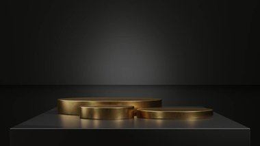Yansıtıcı siyah bir yüzeye yerleştirilmiş üç parlak altın podyum.