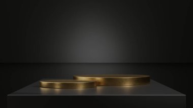 Karanlık ve temiz bir arkaplanda üç altın podyumun yakın çekimi..