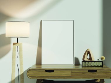 Modern bir oturma odasında zarif beyaz çerçeve modeli, sanat eserleri veya tasarımlar sergilemek için ideal..