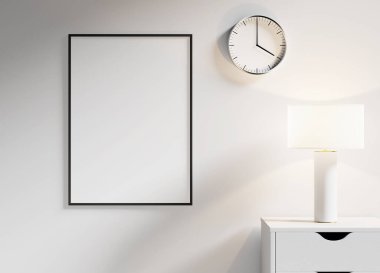 Beyaz bir odada minimalist tasarımı olan modern çerçeve modeli, sanat eserleri veya fotoğrafçılık sergilemek için mükemmel..