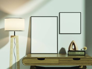 Minimum çerçeve modeli ahşap bir masaya, rahat ve ortam oturma odası zeminine yerleştirilmiş, dijital sanat eserleri veya fotoğraf gösterimi için ideal.