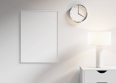 Beyaz çerçeve, temiz, modern estetik, poster veya sanat tasarımı için ideal parlak bir duvarda sergileniyor..