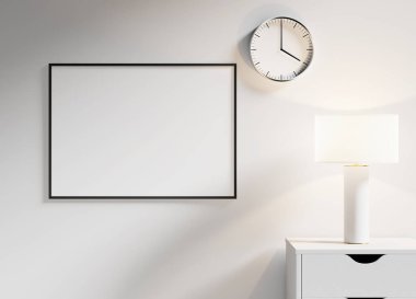 Parlak beyaz çerçeve, sakin bir oturma odası ortamında, yumuşak ışıklandırmalı, dijital sanat gösterisi için mükemmel..