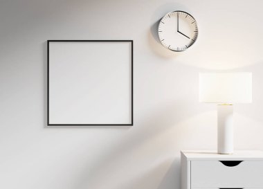 Düz beyaz bir duvarda minimalist beyaz çerçeve modeli, modern tasarımları veya minimalist posterleri sergilemek için ideal..