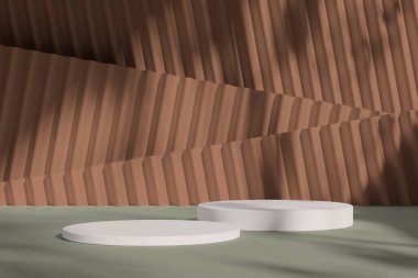 Profesyonel bir ortam için yumuşak, dağınık gölgelerle tamamlanmış, temiz ve modern bir arka plana sahip minimalist bir podyum..