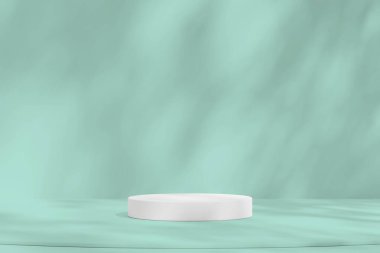 Yumuşak gölgeli basit beyaz podyum ve nane yeşili arkaplan, ürün gösterimi ve tanıtım içeriği için ideal.