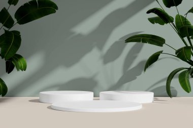 Doğal bitki gölgeleriyle düzenlenmiş beyaz podyumlar sakin ve tarafsız bir ortam yaratıyor..