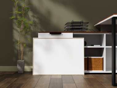 Zeminde bir bambu bitkisi ve şık ahşap dekorla çerçeve modeli var. Sanat eserlerinizi sergilemek ya da tasarımlarınızı sergilemek için mükemmel..