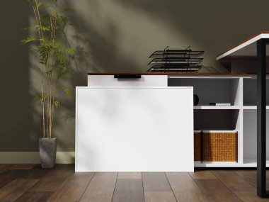 Ahşap döşemede minimalist beyaz çerçeve modeli, rahat bir ortamda resim veya resim tasarımları göstermek için uygun.