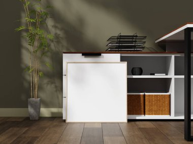 Yere yerleştirilmiş temiz ve minimal çerçeve modeli bambu bitkisi ve nötr dekor, tasarım sergisi için ideal..