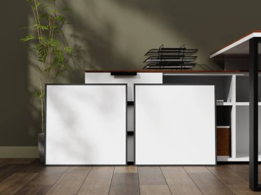 Ahşap zeminde doğal ışıklandırması olan şık bir çerçeve modeli, minimalist bir ortamda sanat veya fotoğraf sergisi için ideal..