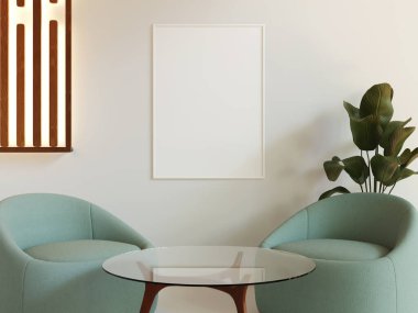 Duvarda, tasarım sunumları için ideal beyaz poster modelinin yer aldığı temiz ve minimalist oturma odası..