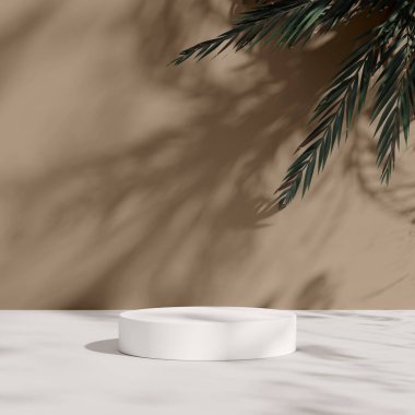 Bej duvar arka planında palmiye gölgeleri olan minimal beyaz podyum