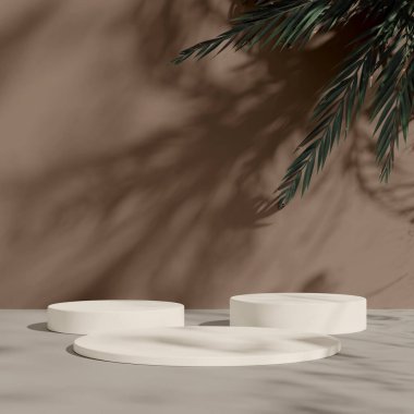 Yumuşak gölgeli ve çağdaş toprak tonlu üç beyaz ekran platformu