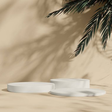 İnce palmiye yaprağı gölgeleri ve modern nötr titreşimli bej podyum.