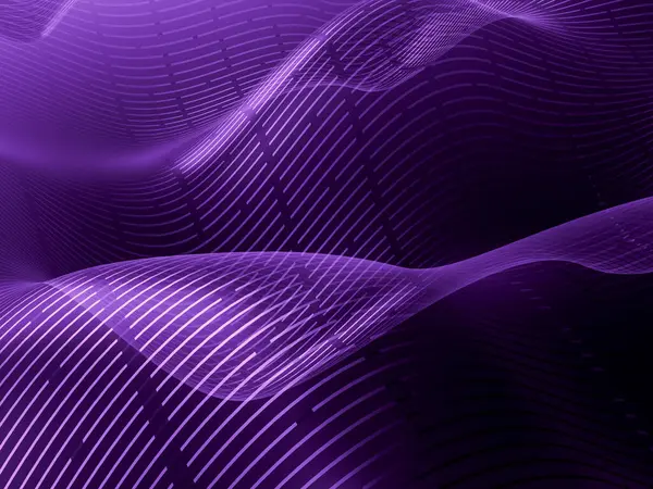 Parlak mor dalgalar, parlak çizgilerle kesişmiş, fütüristik bir titreşim sağlıyor..