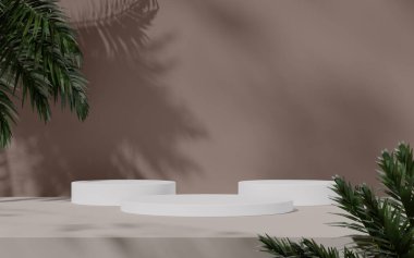 Üç beyaz podyum, gölgeler ve yumuşak ışıklandırmada yeşil bitki aksanıyla düzenlenmiş..