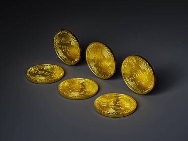 Koyu arkaplana yerleştirilmiş altın bitcoin paralar.