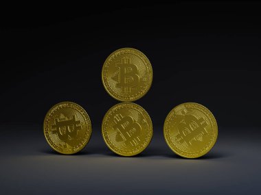 Bitcoin paralarını karanlık bir arkaplanda istifle.
