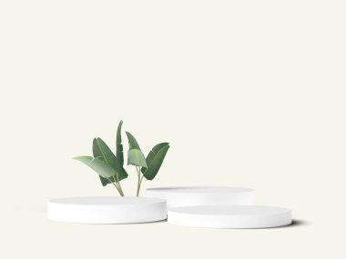 Açık bej arka planda üç beyaz silindirli tropikal yaprak podyumu