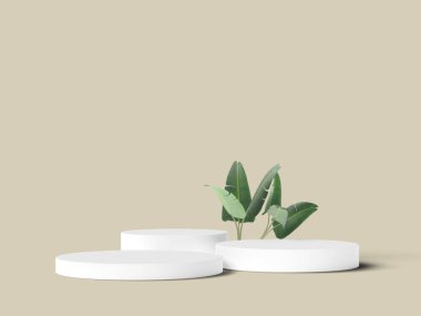Temiz fildişi tonunda yeşil yapraklı dengeli beyaz podyumlar