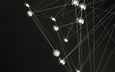 Karanlık uzayda parlayan çizgilerle birbirine bağlı plexus düğümlerinden oluşan soyut dijital ağ.