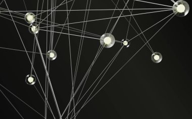 Koyu arkaplana karşı ince çizgilerle bağlanmış parlayan pleksus ağı düğümleri.