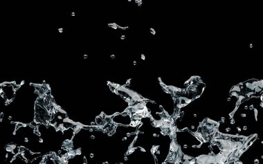 Temiz su sıçrıyor. Siyah arka planda havada donuyor.