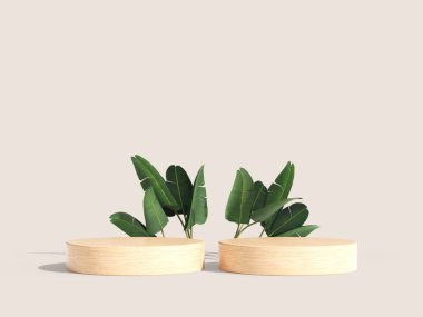 Tarafsız arka planda yapraklı iki minimalist ahşap podyum.