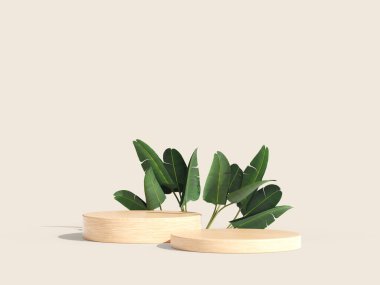 Minimum ahşap podyumlar bitkilerle, temiz ve modern estetik.