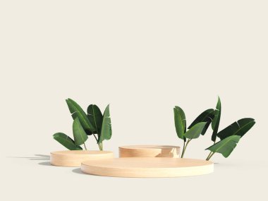 Temiz ve yumuşak arka planda yeşil bitkilerle minimalist ahşap bir podyum..