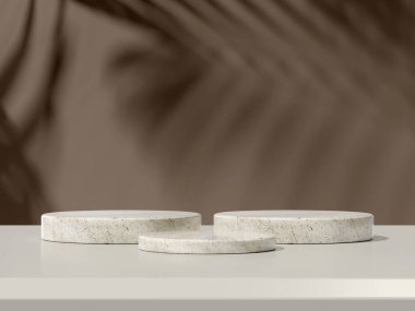 Gölgeli ve ince tonlu iki podyum, modern ürün sergisi için mükemmel..