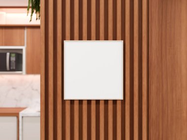 Dikey ahşap zemin üzerinde, rahat iç dokunuşlu kare ışık çerçevesi modeli.